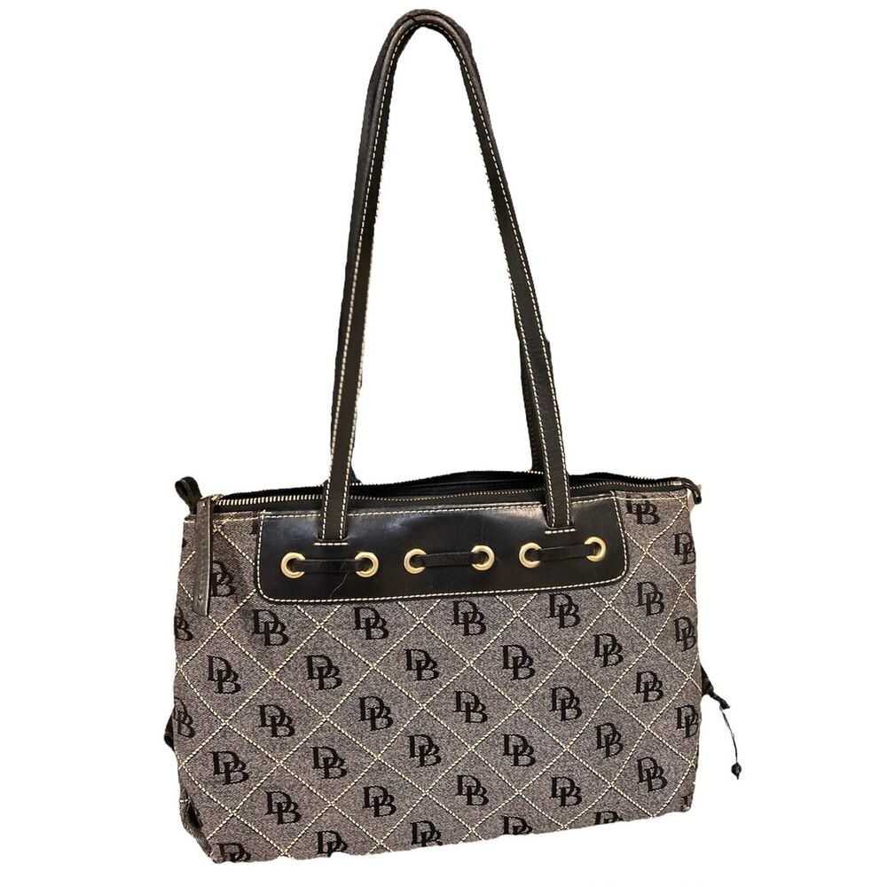 Vintage Dooney Bourke Black Monogram Authentic Canvas Leather Bag Tote Y2K - Picture 4 of 10